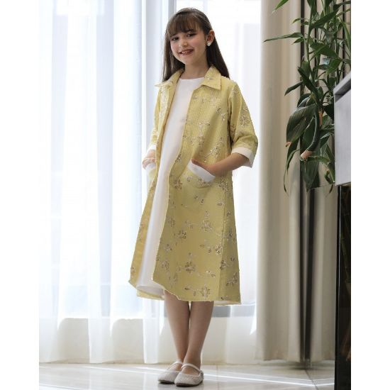 صورة طقم بناتي فستان وجاكيت مشجر أصفر بجيبين خارجية | تصميم رسمي - 1193